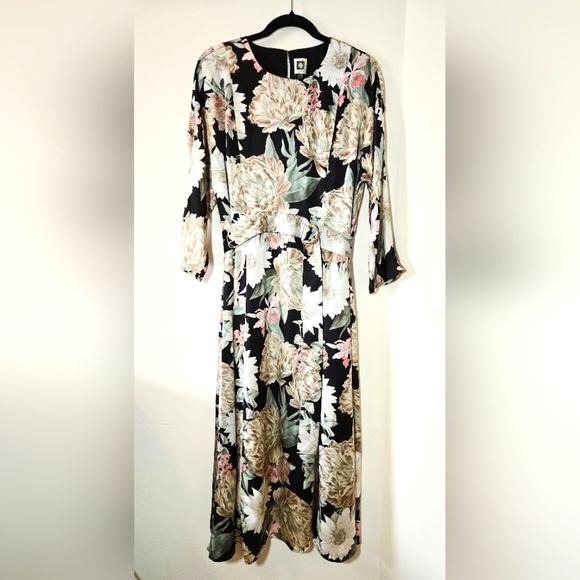 Anne Klein Dresses & Skirts - Anne Klein Floral On Black Midi Dress, 3/4 Sleeve, Lined, Size 10, NWT